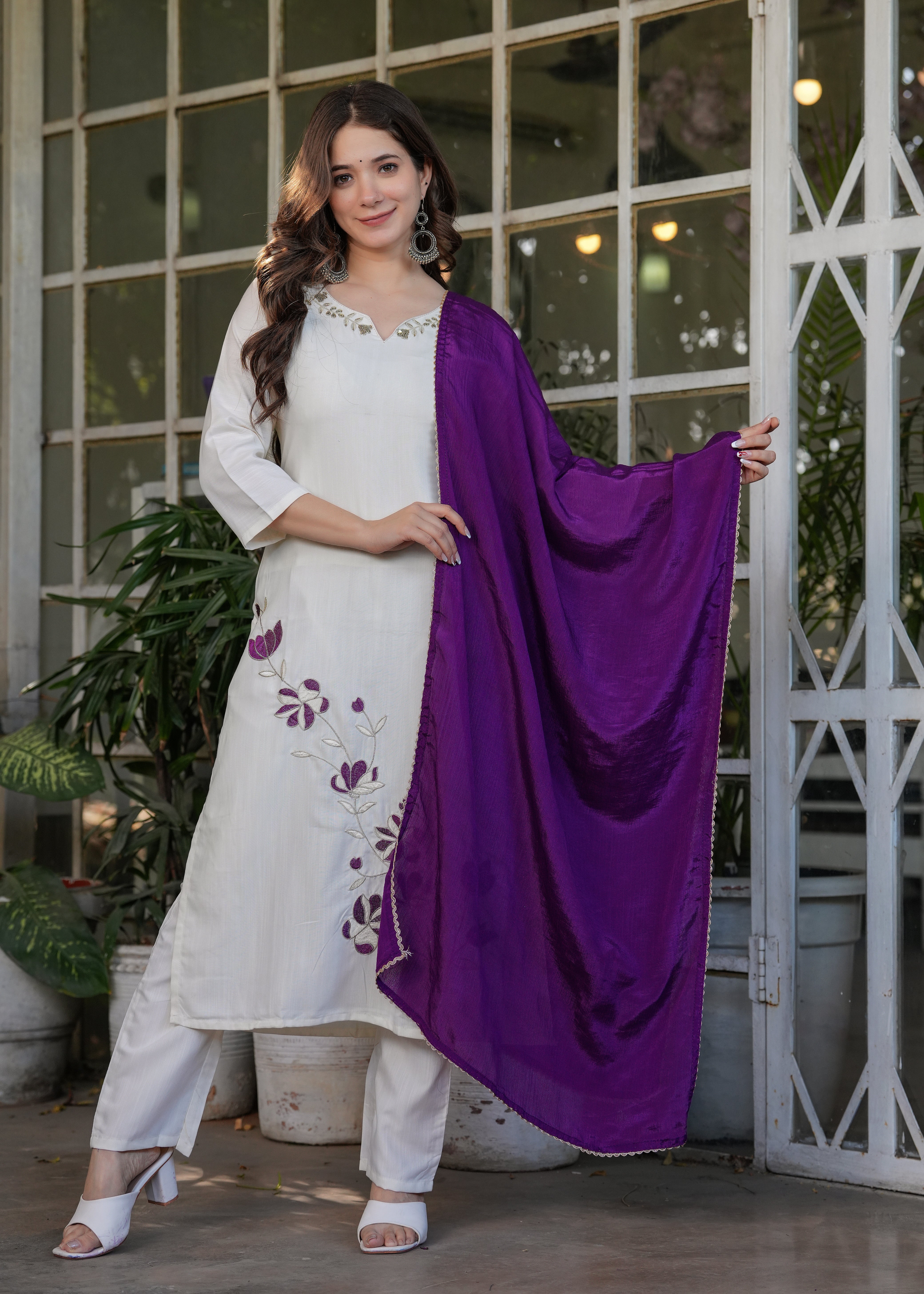 Beautiful Thread Work Viscose Rayon Fabric Straight Kurta, Pant and Dupatta Set