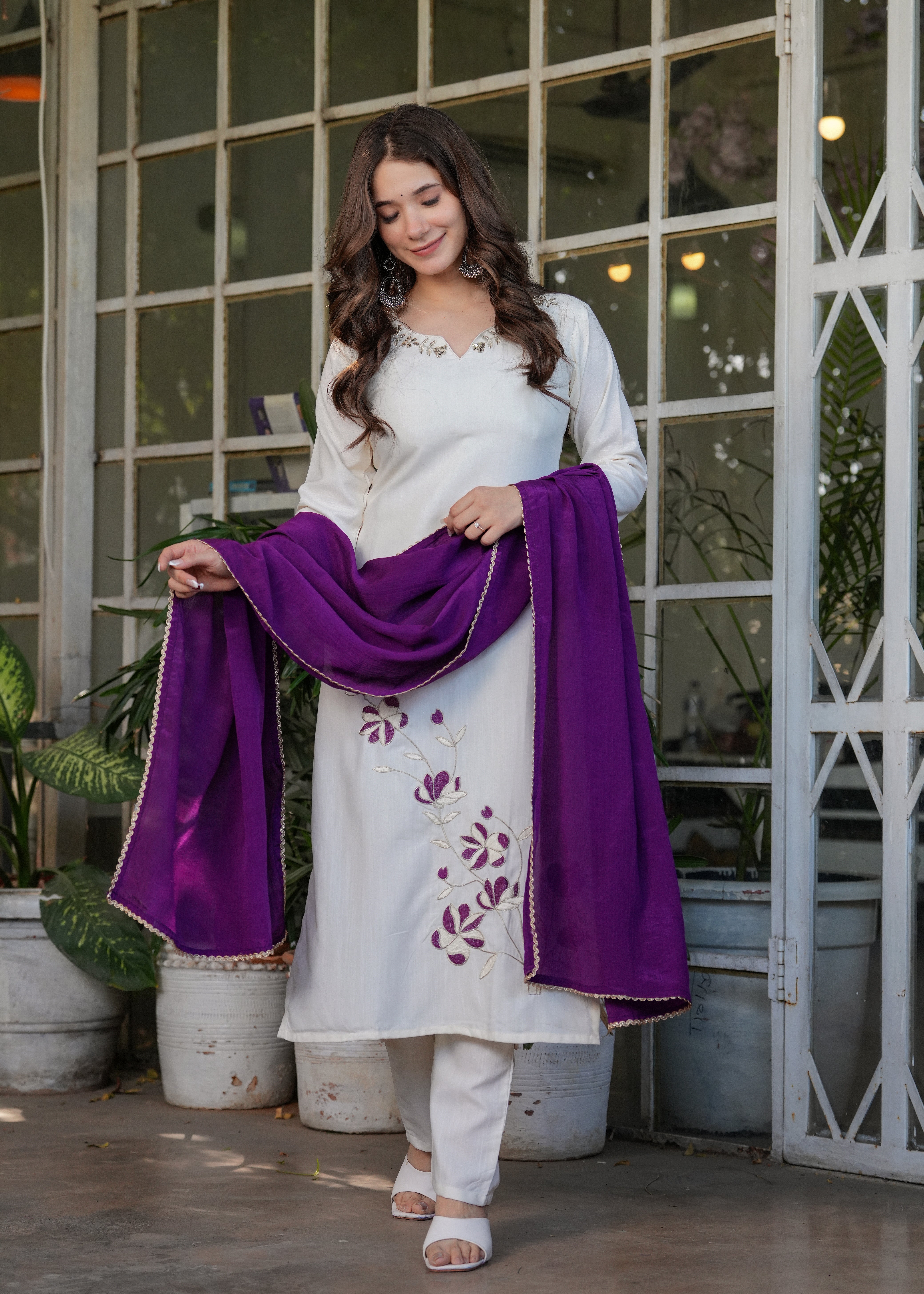 Beautiful Thread Work Viscose Rayon Fabric Straight Kurta, Pant and Dupatta Set