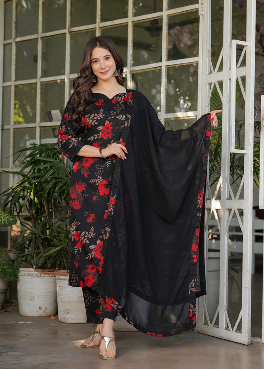 Women's Printed Silk Blend Fabric Straight Kurta, Pant and Dupatta Set