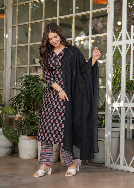 Women's Printed Pure Cotton Fabric Straight Kurta, Pant and Dupatta Set