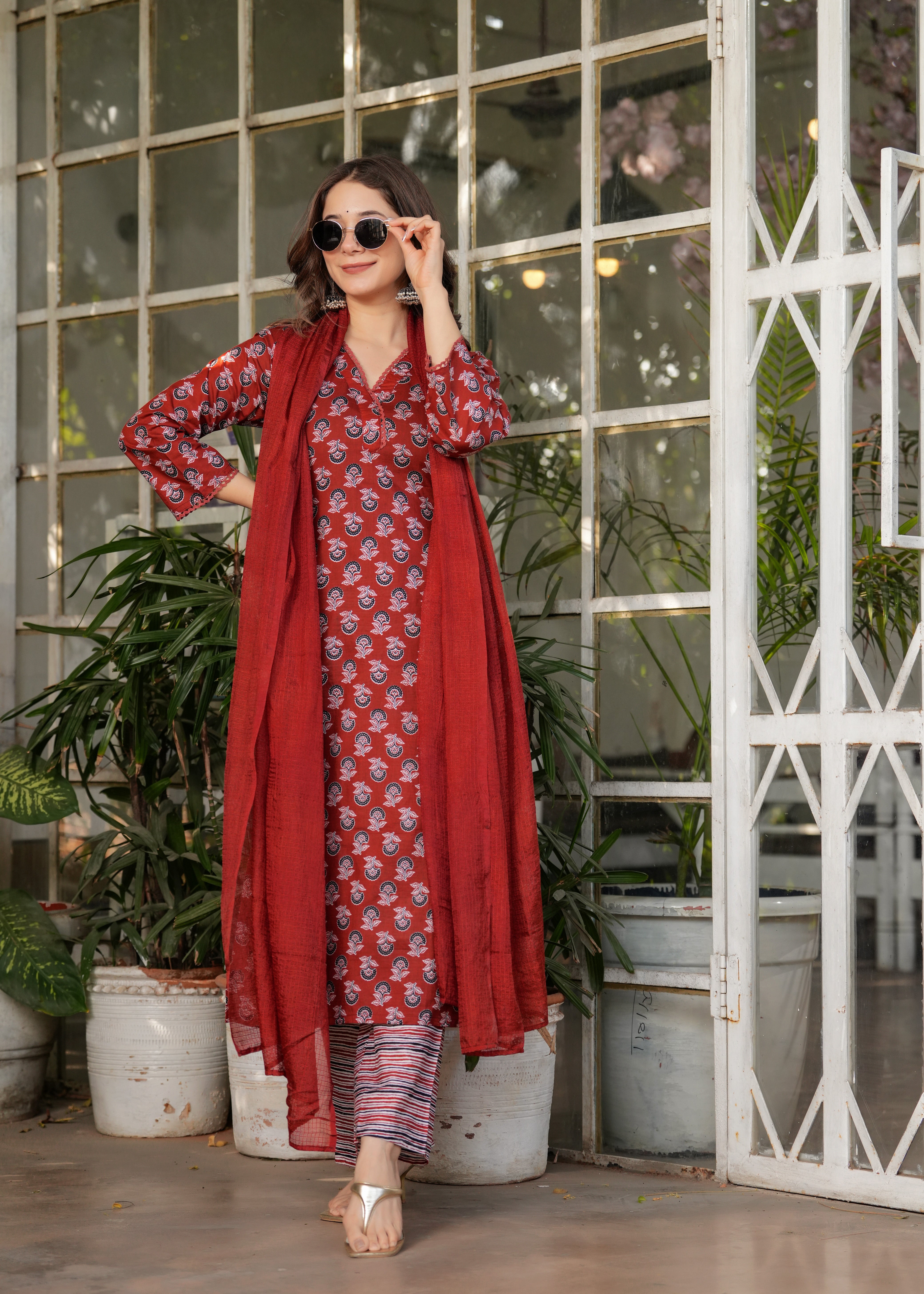 Women's Printed Pure Cotton Fabric Straight Kurta, Pant and Dupatta Set