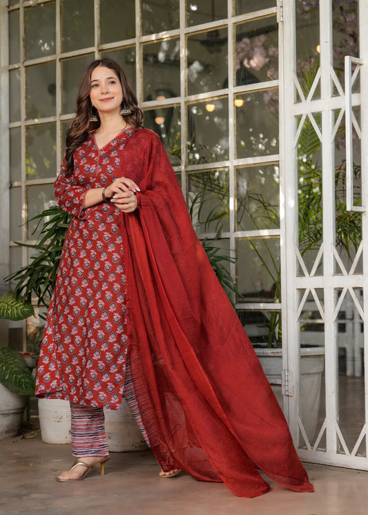 Women's Printed Pure Cotton Fabric Straight Kurta, Pant and Dupatta Set