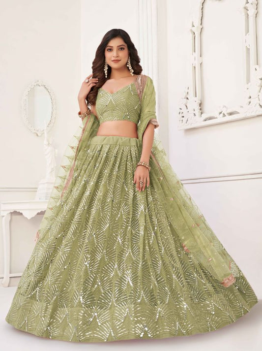 PISTA GREEN COLOR NET FABRIC LEHENGA CHOLI