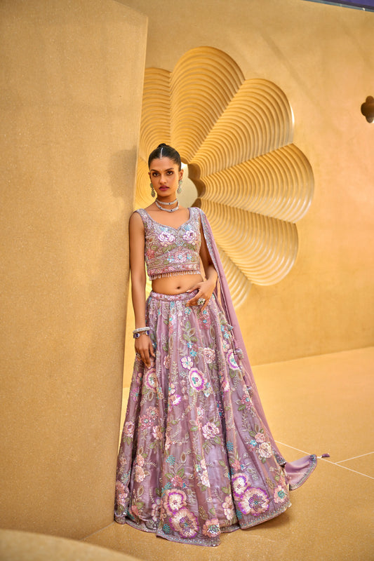 Lavender Organza Cut-dana & Handwork Lehenga Set