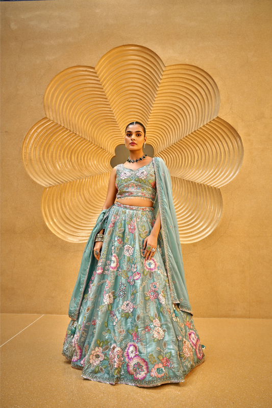 Sea Green Organza Cut-dana & Handwork Lehenga Set