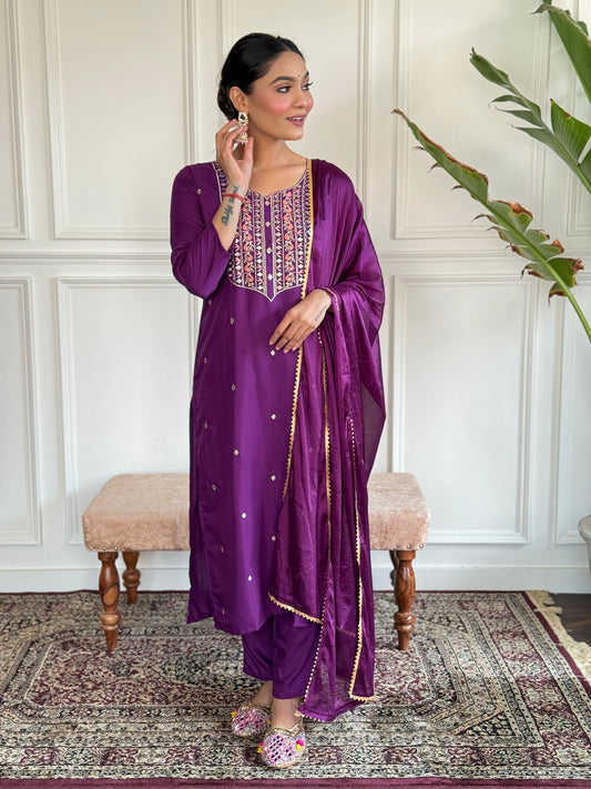 Wine Viscose Chanderi Kurta Set  With Embroidery