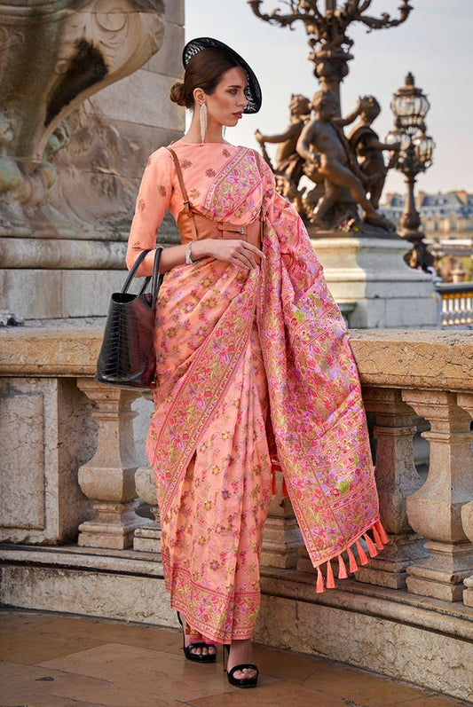  Peach hand woven contemporar saree