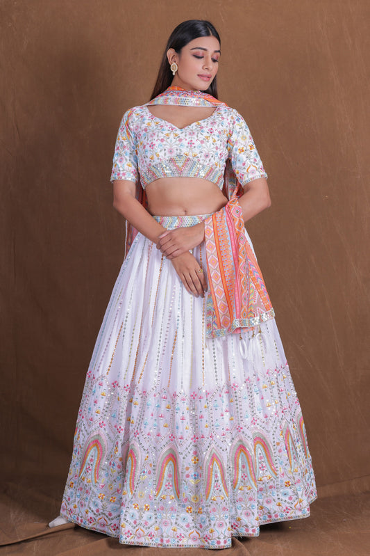 White Multi Thread Work Georgette Lehenga Choli