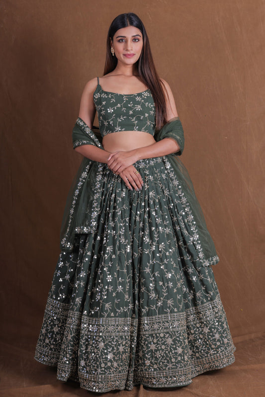 Green Georgette Sequence Embroidery Work Lehenga choli