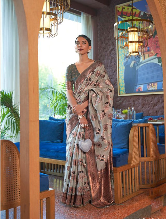  Light grey woven saree