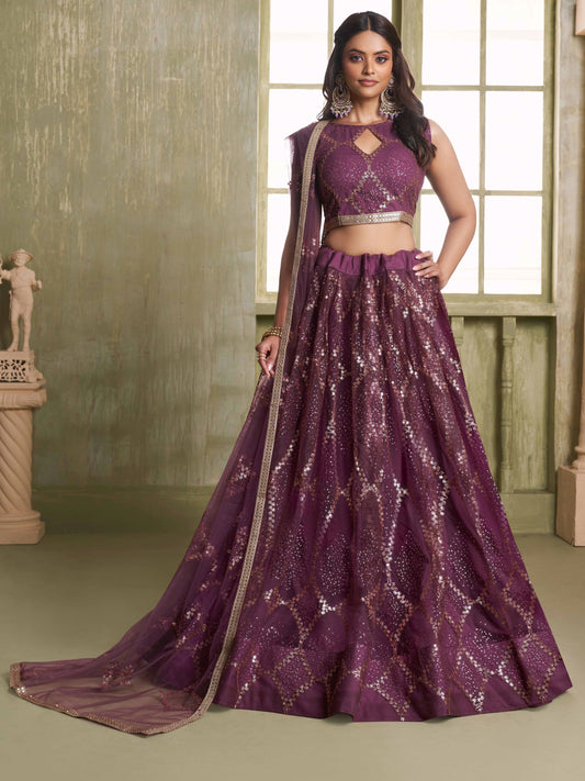 WINE COLOR NET FABRIC LAHENGA WITH SEQUINS AND THREAD EMBROIDERY WORK