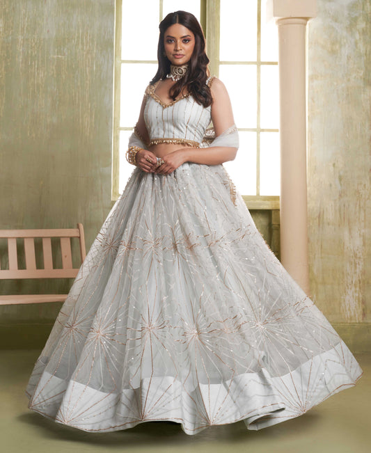 LIGHT GRAY NET FABRIC LAHENGA WITH SEQUINS AND THREAD EMBROIDERY WORK