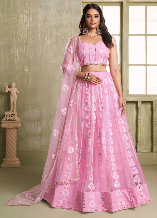 PINK NET FABRIC LAHENGA WITH SEQUINS AND THREAD EMBROIDERY WORK