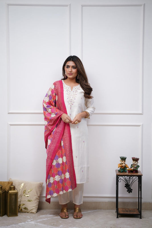 Cream Chanderi Embroidered Kurta