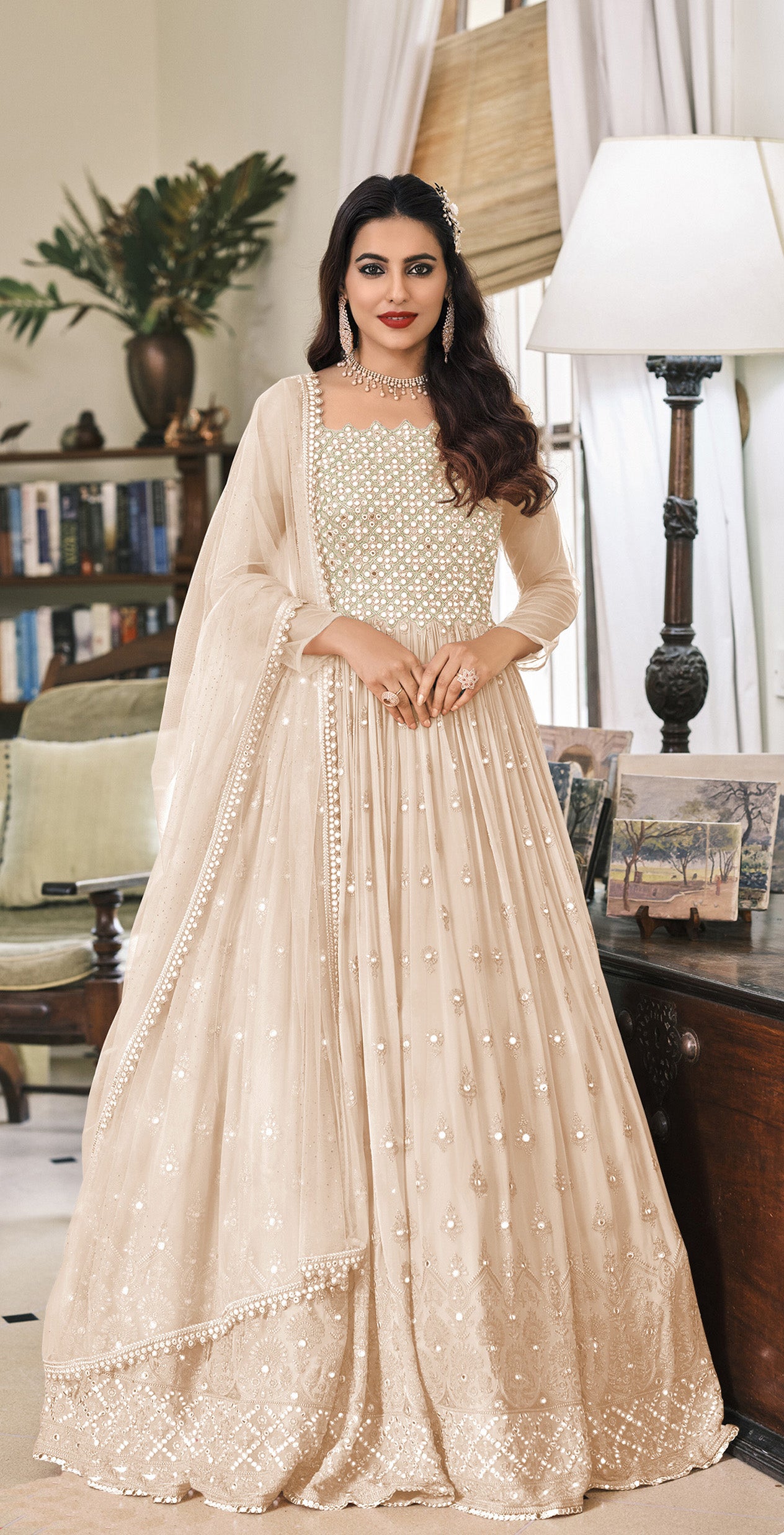 BeigeEmbroidery & Sequence WorkFaux GeorgetteKurta Set