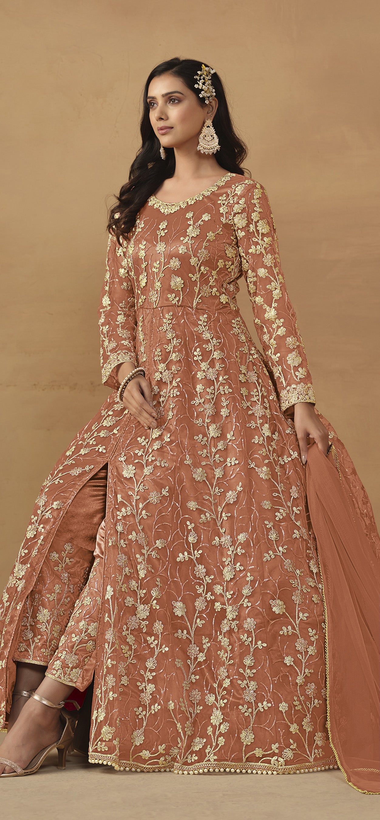 Dark PeachEmbroidery Coding & Sequence WorkHeavy Butterfly NetKurta Set