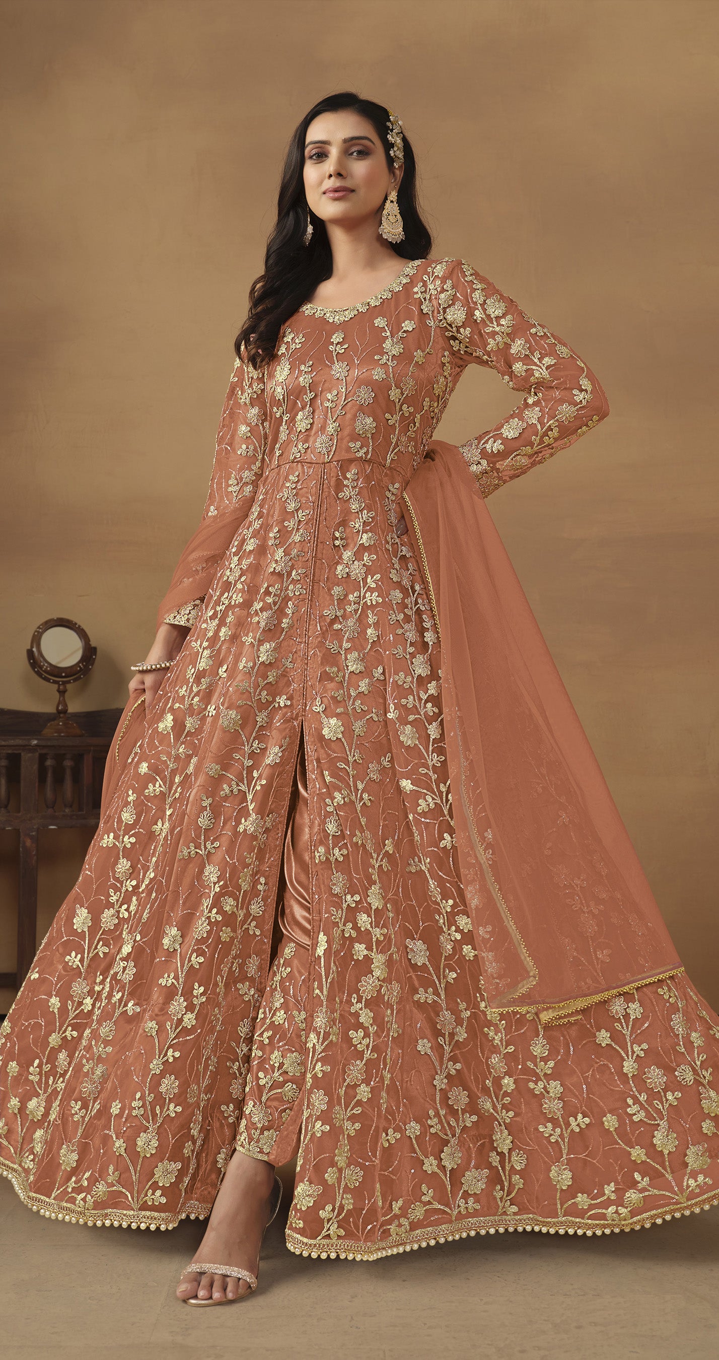 Dark PeachEmbroidery Coding & Sequence WorkHeavy Butterfly NetKurta Set