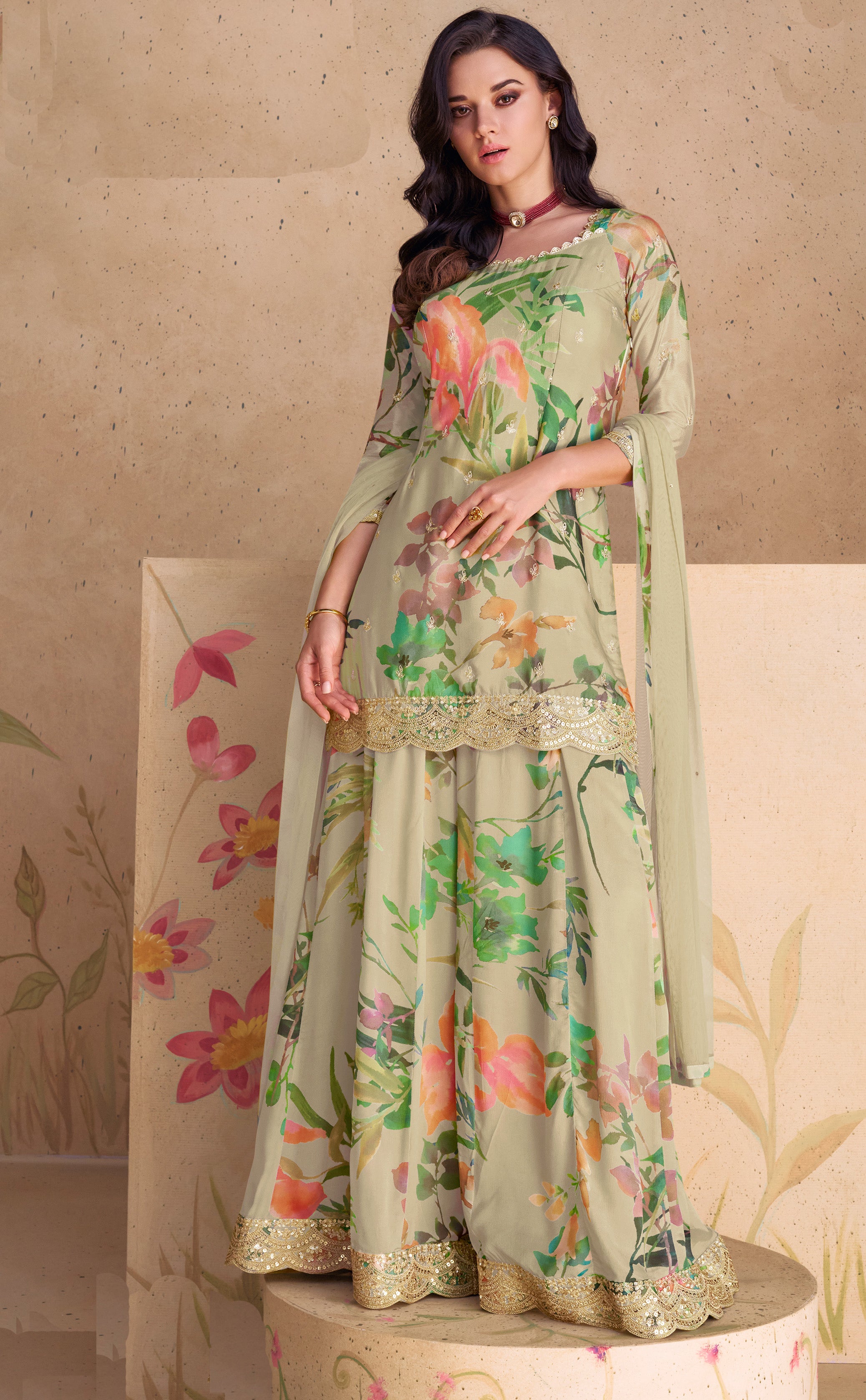 BeigeDigital Print & Sequence Embroidery WorkHeavy ChinonKurta Set