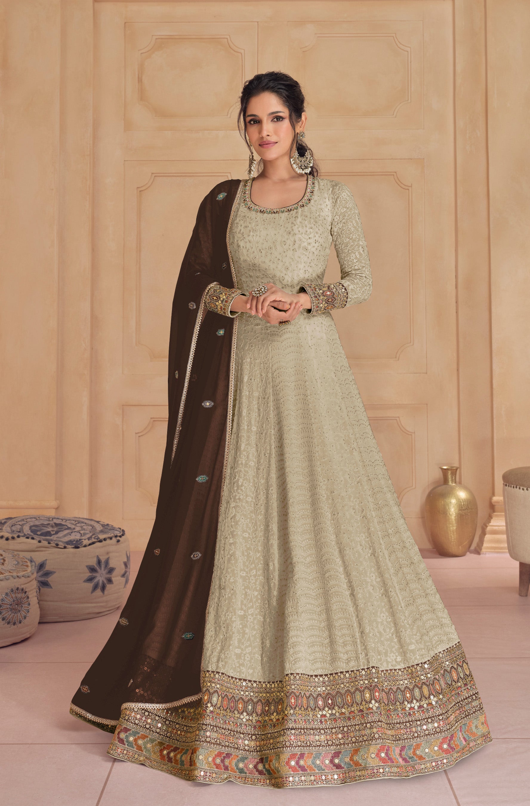 BeigeEmbroidery & Sequence WorkHeavy Faux GeorgetteKurta Set