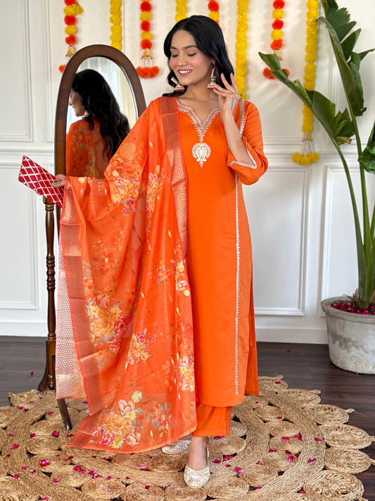 Orange Embroidered Viscose Chanderi Fabric Straight Kurta, Pant and Dupatta Set