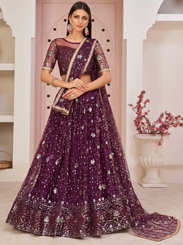 Violet embroidered net semi stitched lehenga