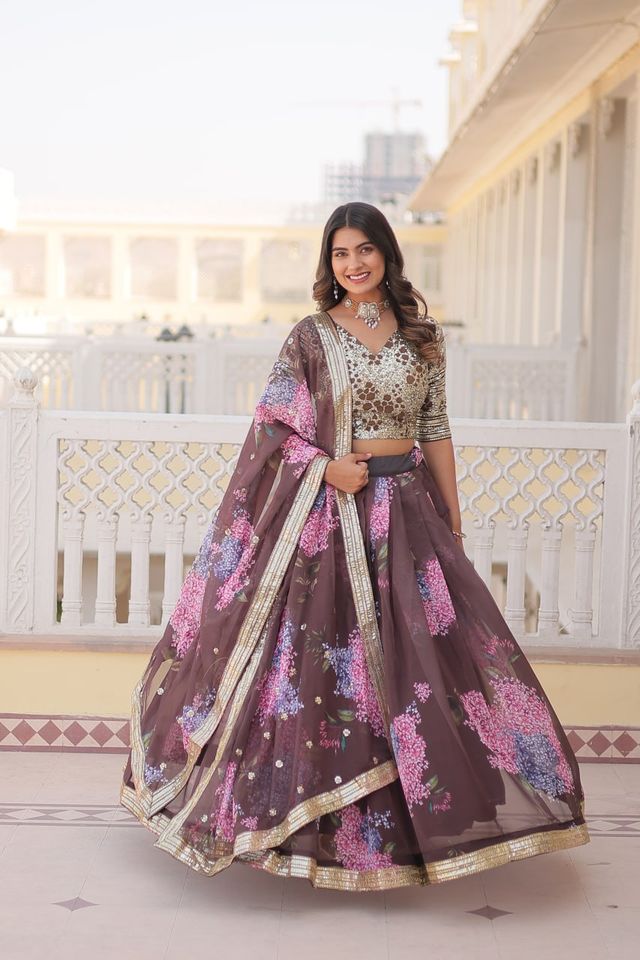 Brown Russian Silk Digital Printed with Embroidered Sequins work Lehenga Choli