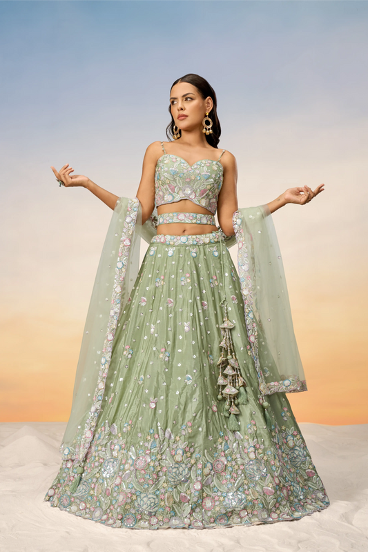 Lime green Chiffon Sequins and thread embroidery Lehenga Set