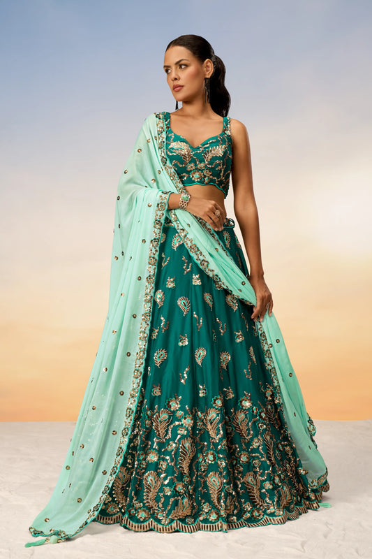 Green Pure Georgette with heavy Sequins embroidery Lehenga Set