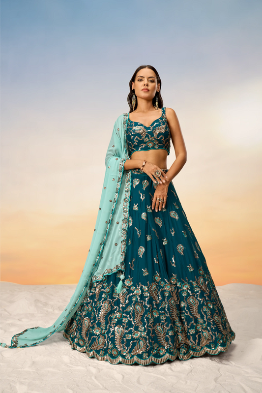 Teal Pure Georgette with heavy Sequins embroidery Lehenga Set