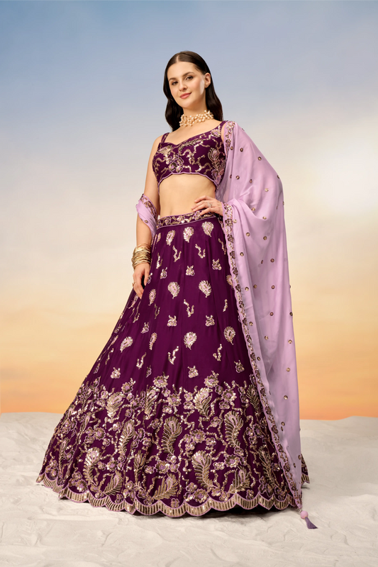 Burgundy Pure Georgette with heavy Sequins embroidery Lehenga Set