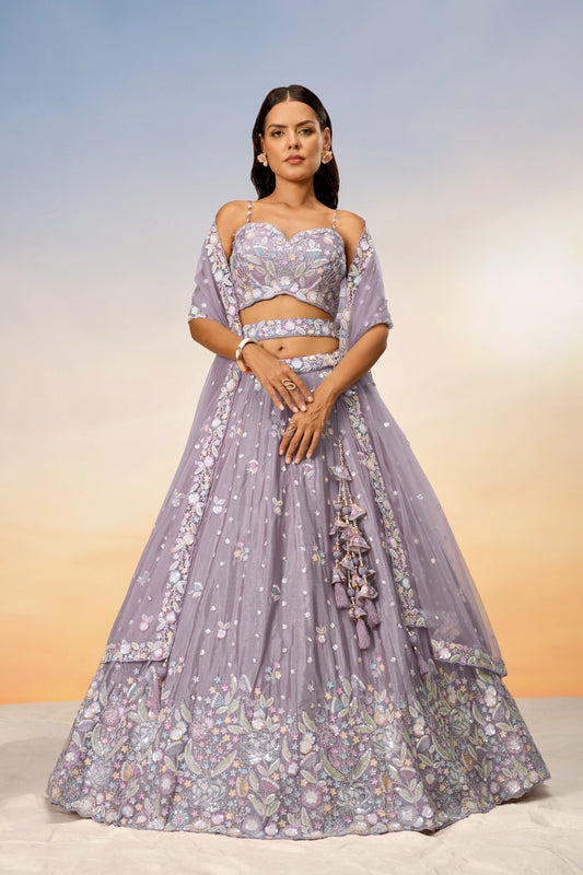 Mauve Chiffon Sequins and thread embroidery Lehenga Set