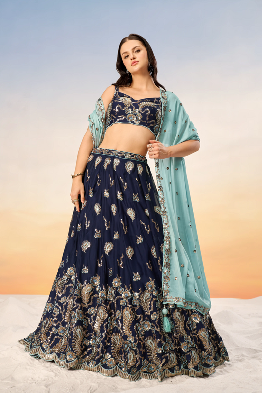 Navy blue Pure Georgette with heavy Sequins embroidery Lehenga Set