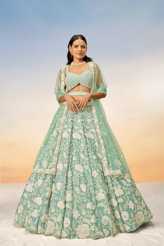 Sea Green Chinon Sequins and Zarkan embroidery Lehenga Set