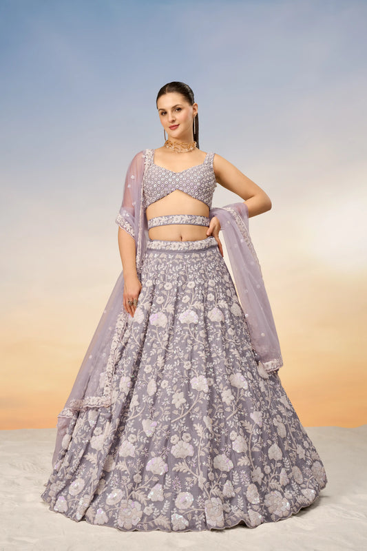 Mauve Chinon Sequins and Zarkan embroidery Lehenga Set