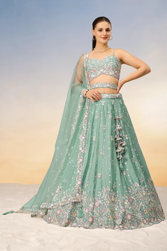 Sea green Chiffon Sequins and thread embroidery Lehenga Set