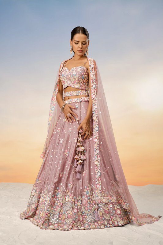 Rose gold Chiffon Sequins and thread embroidery Lehenga Set