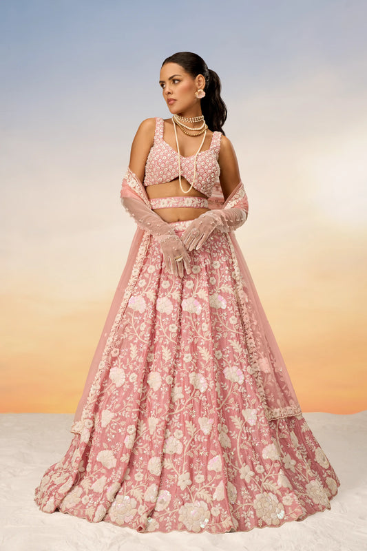 Rose Gold Chinon Sequins and Zarkan embroidery Lehenga Set