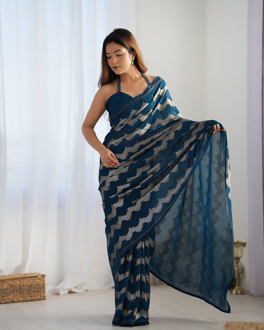 Solid Striped Embellished Sequinned Pure Georgette Saree