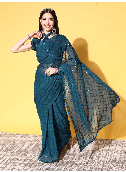 Solid Embellished Sequinned Pure Georgette Saree