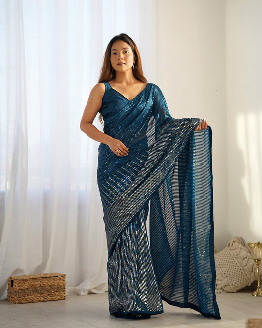 Solid Striped Embellished Sequinned Pure Georgette Saree