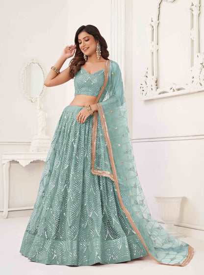 OCEAN BLUE COLOR NET FABRIC LEHENGA CHOLI