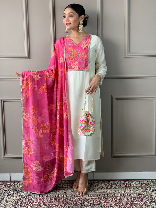 Women's Floral Chanderi Fabric Straight Kurta, Pant and Dupatta Set