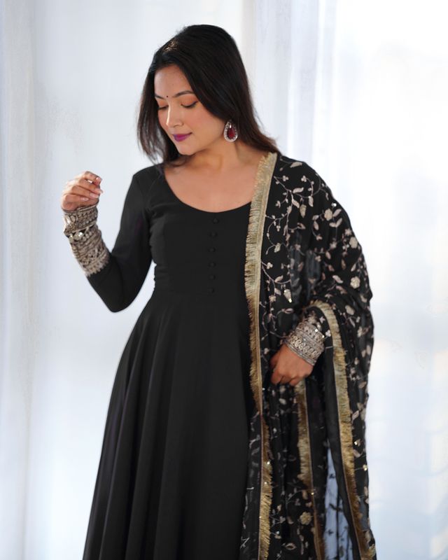 Women Georgette Anarkali Gown Duppta Full Set With Pent Ready To Wear