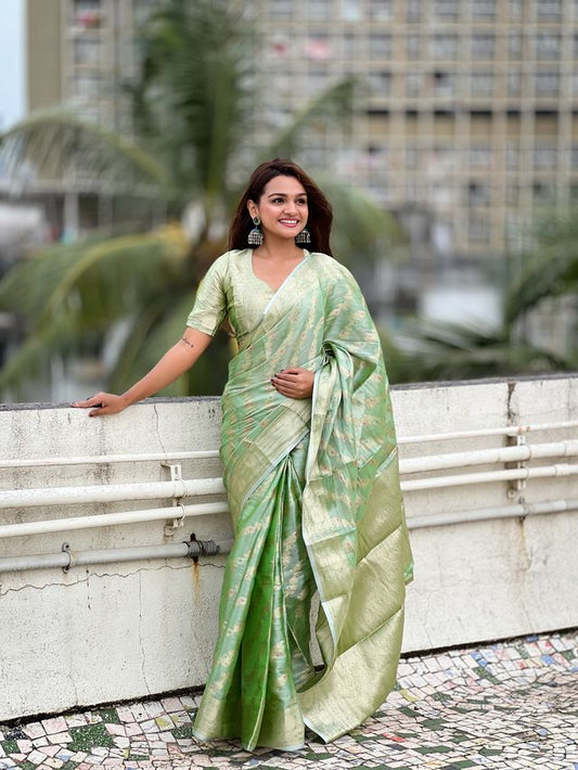 Green Color Tissue Silk Saree With Weaving Jari Meenakari Designer Looks