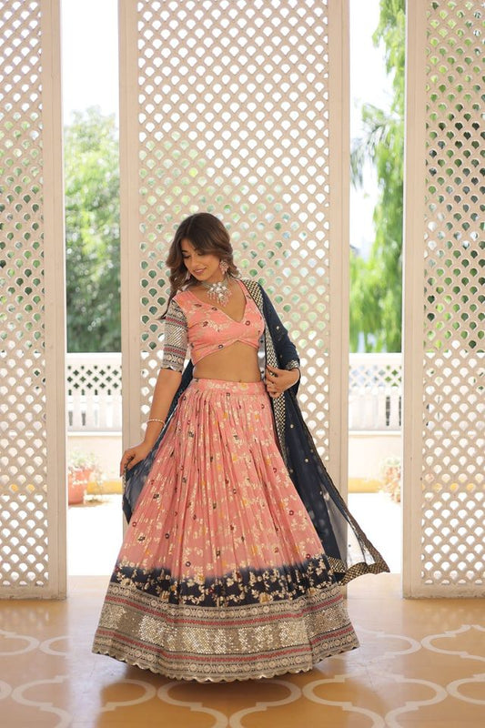 Peach Pure Viscose Jacquard with 2D Dyeing and Embroidered Sequins work Lehenga Choli