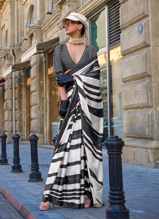 Black stripes print saree