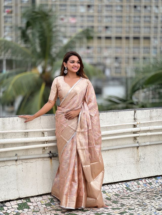 Pink Color Tissue Silk Saree With Weaving Jari Meenakari Designer Looks