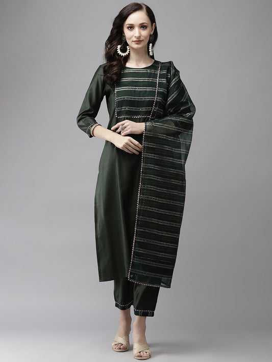 Women Green Solid Straight Kurta Trouser With Dupatta Set