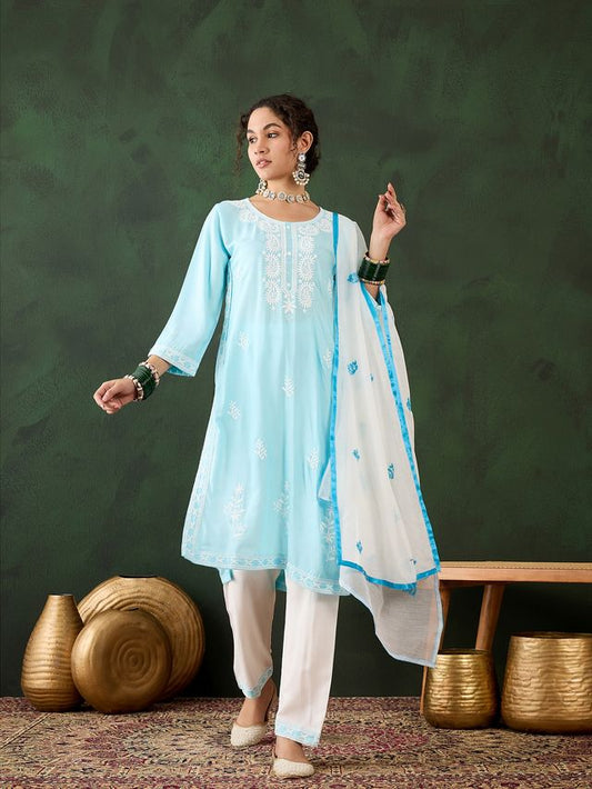 Sky Blue Rayon Fabric Ethnic Designer Chikankari Embroidery Work