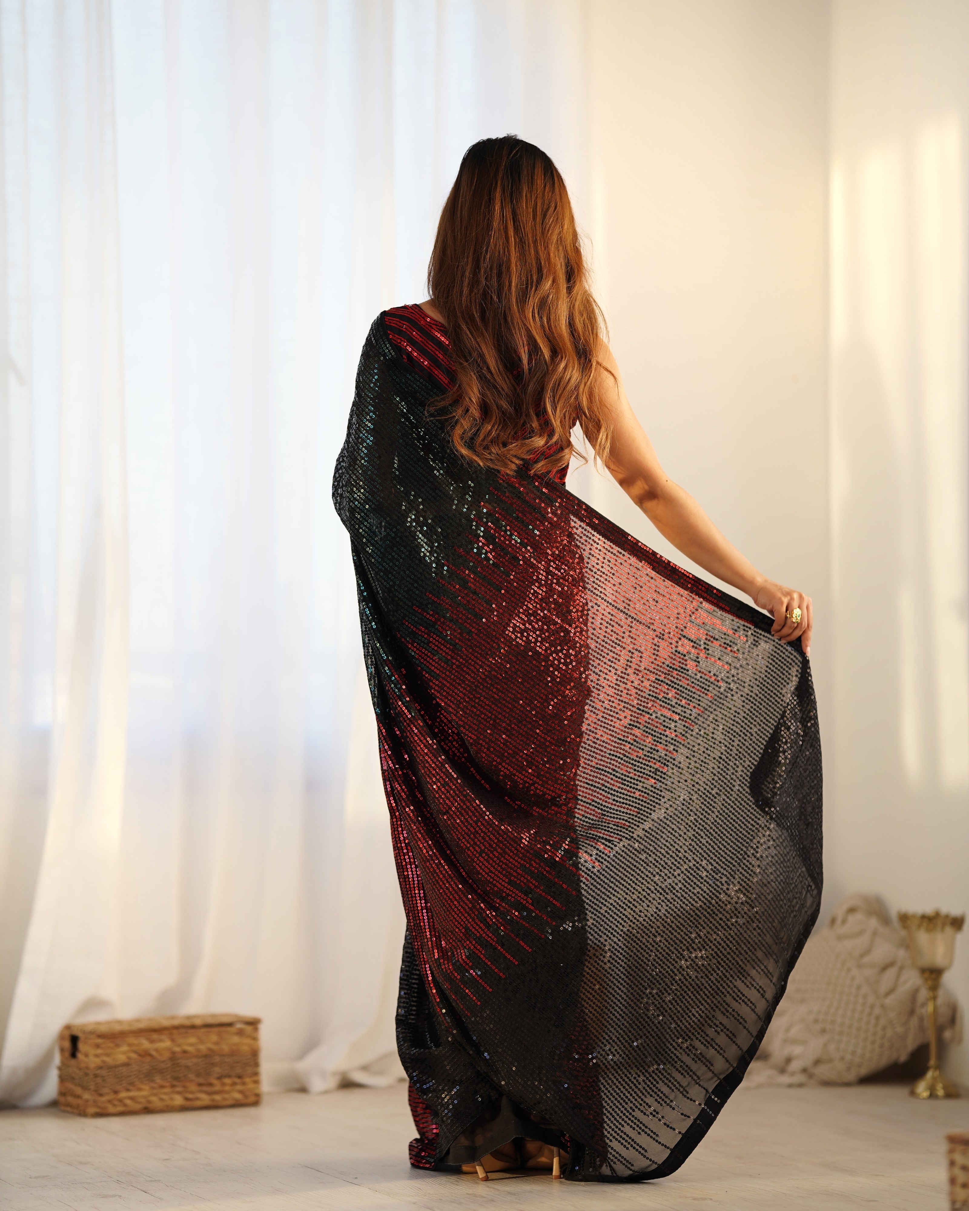 Black & Red Embellished Sequinned Pure Georgette Saree